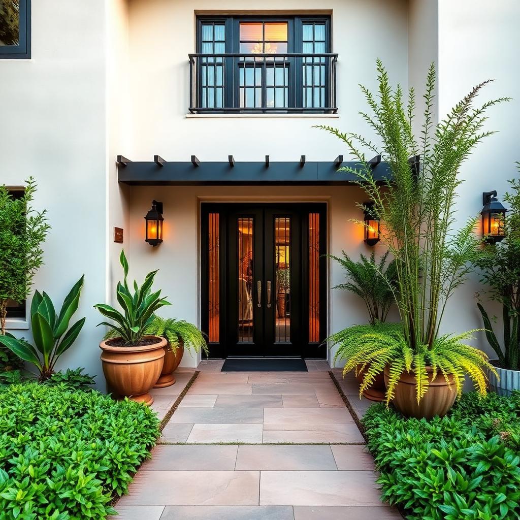 Entrada con jardineras y plantas