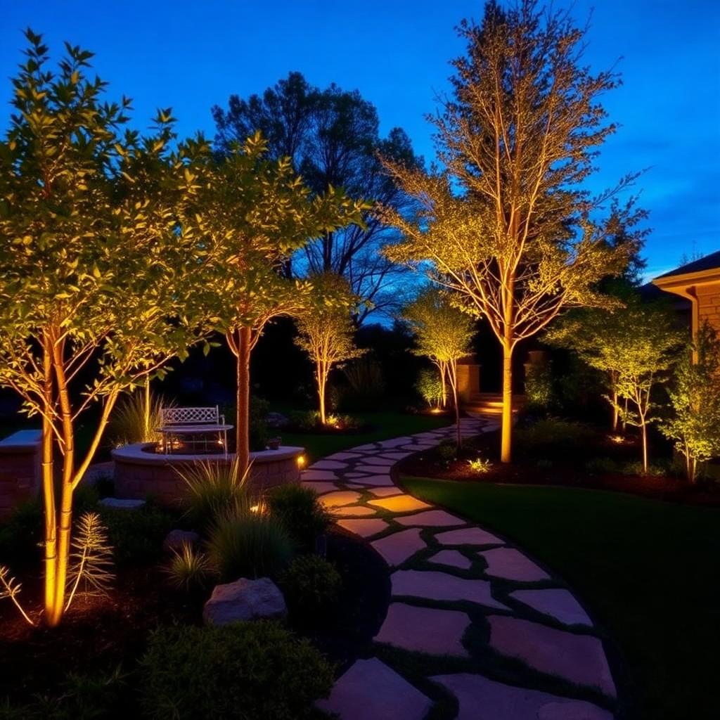 Jardín con iluminación exterior nocturna
